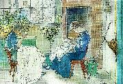 Carl Larsson syende jantor-flickor som sy vid fonstret oil painting on canvas